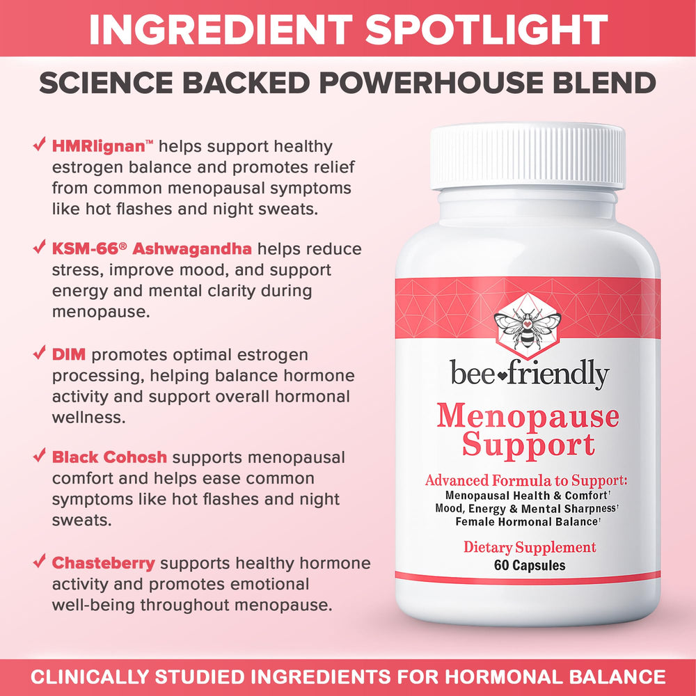 BeeFriendly menopause capsules closeup highlighting the botanical blend.
