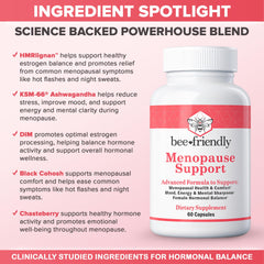 BeeFriendly menopause capsules closeup highlighting the botanical blend.