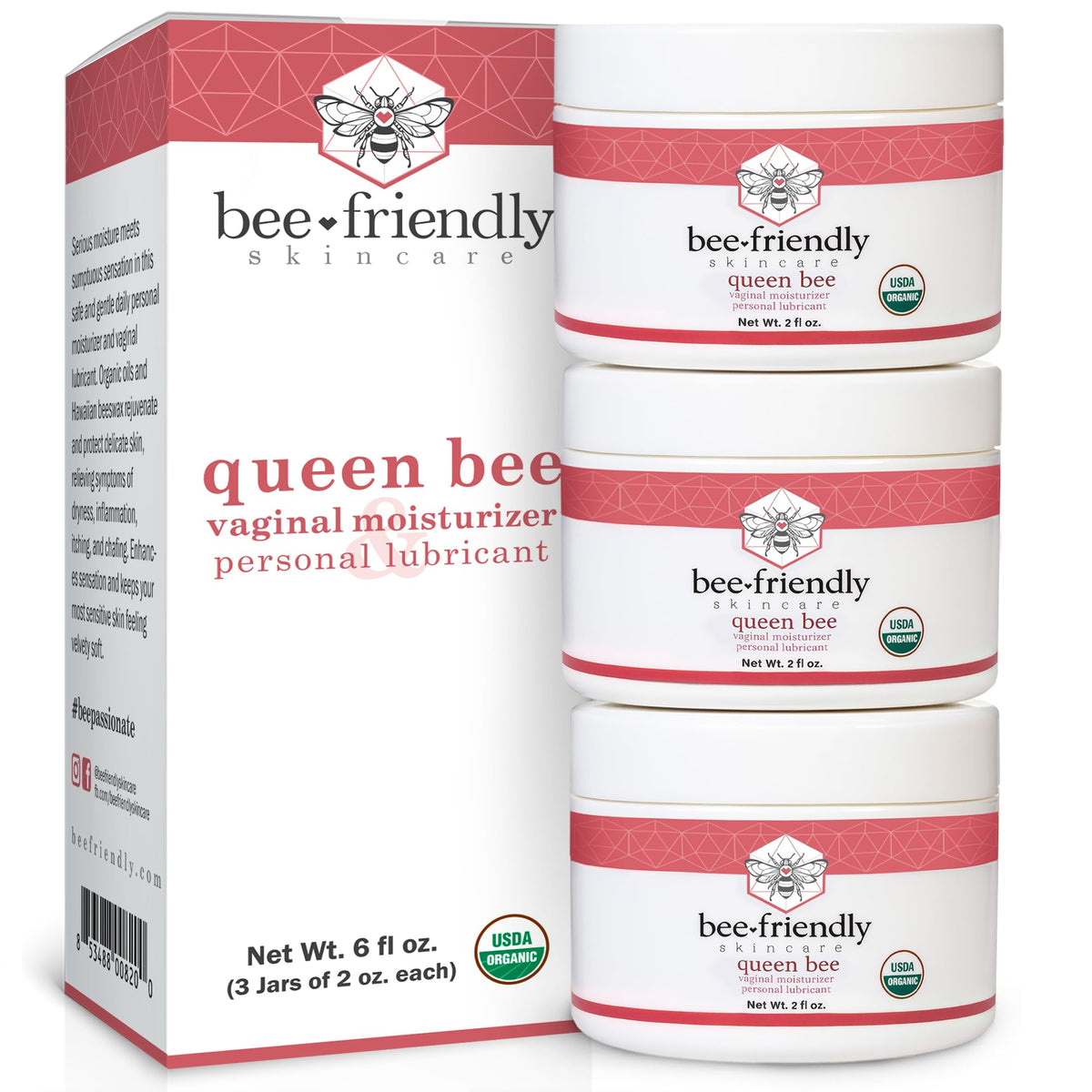 BeeFriendly Organic Vaginal Moisturizer box set shows three jars for ongoing intimate care