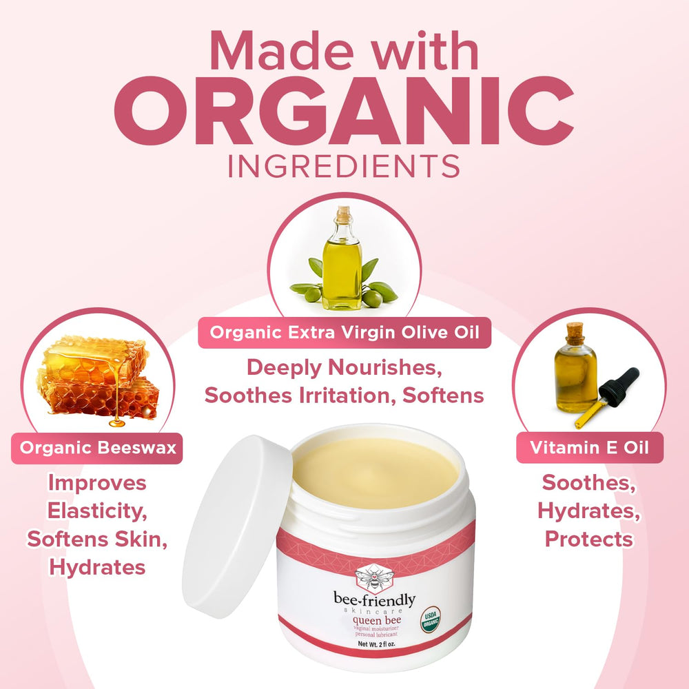Ingredients panel featuring olive oil beeswax and vitamin E for skin nourishment