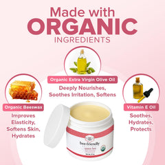 Ingredients panel featuring olive oil beeswax and vitamin E for skin nourishment
