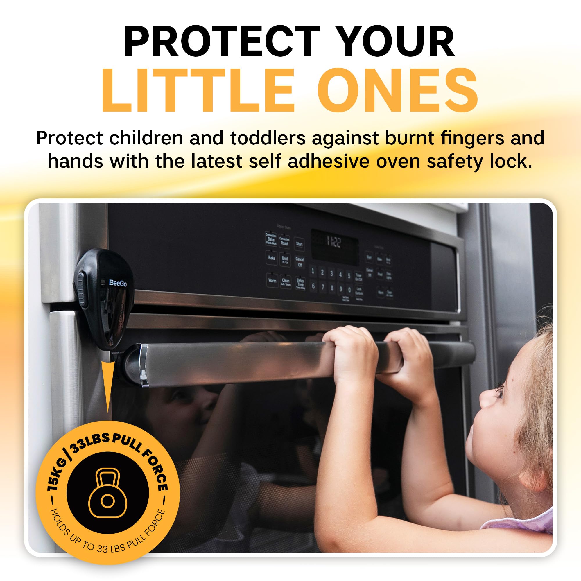 BeeGo oven lock flat-surface fit on a wide range of ovens.