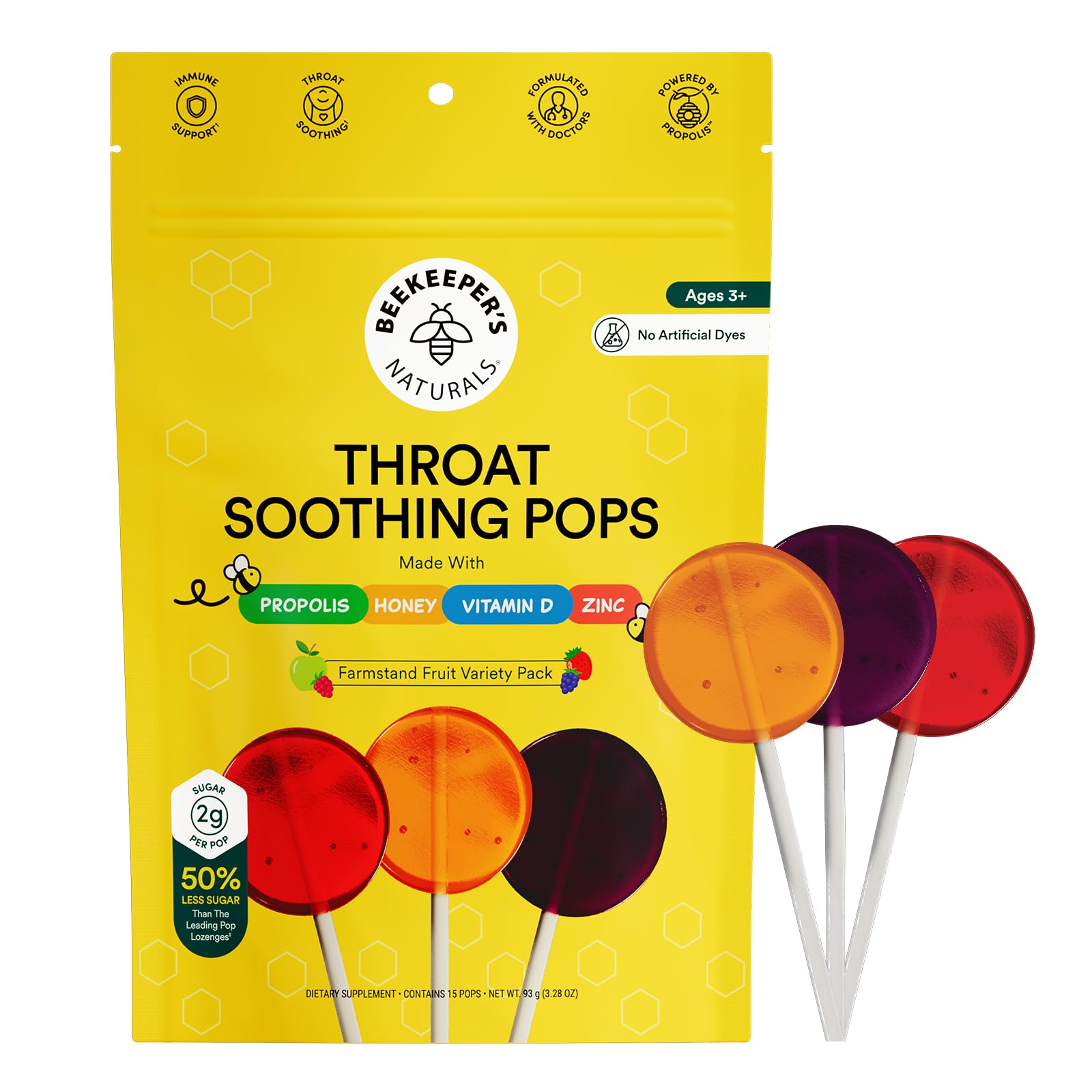 Beekeeper's Naturals Kids Throat Lollipops pack with flavors for kid-friendly immune support.