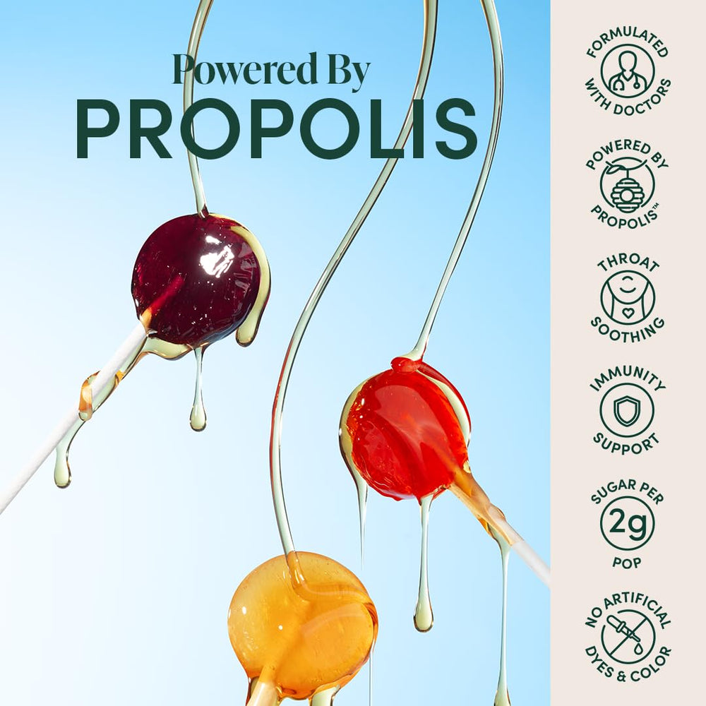 Beekeeper's Naturals Kids Throat Lollipops strawberry flavor—delicious low-sugar option for kids.