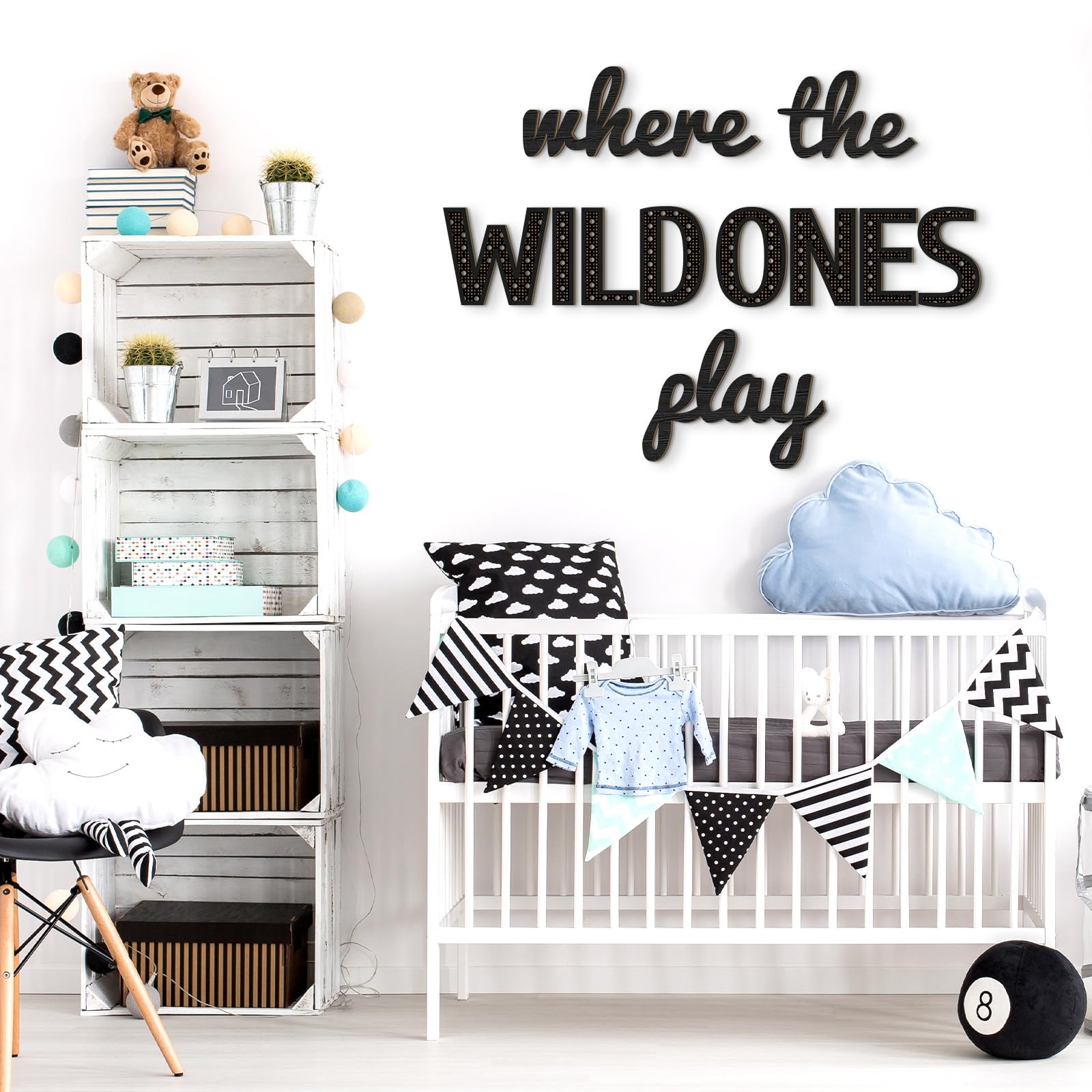 Beeveer black wooden playroom sign kit for easy wall hanging.