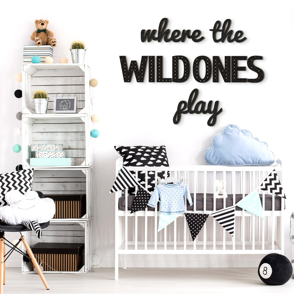 Beeveer black wooden playroom sign kit for easy wall hanging.