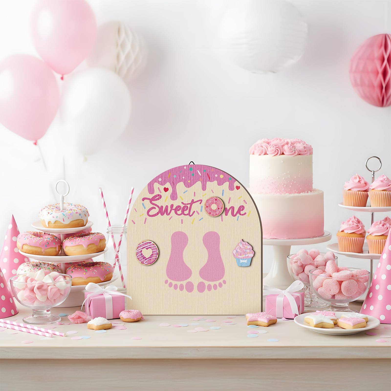 Beeveer donut design sign with pink frosting, ideal milestone photo prop