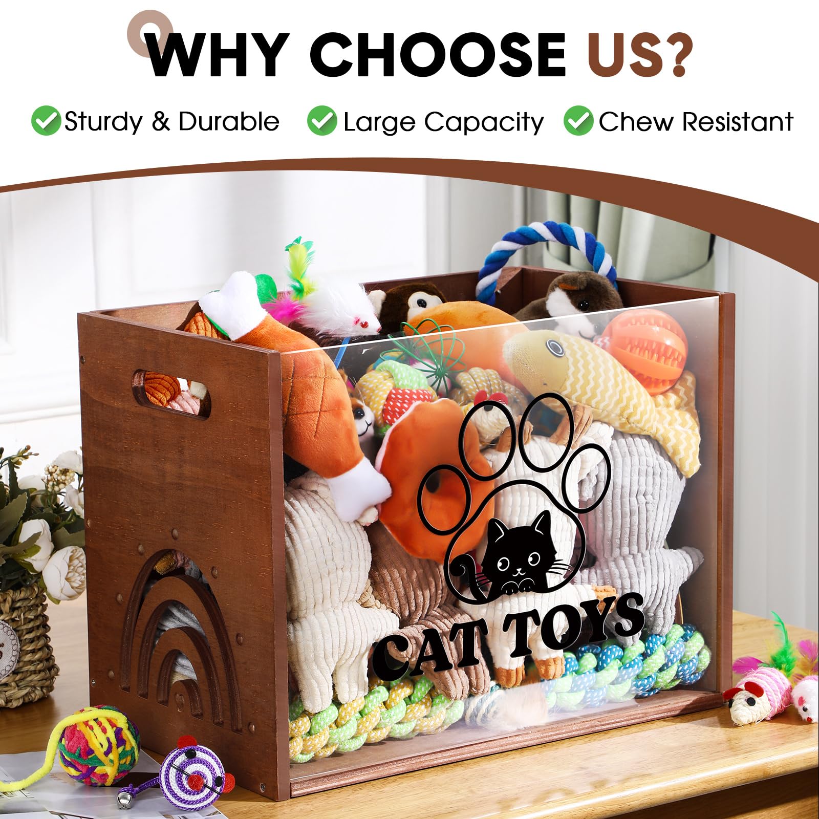 Beeveer durable wooden toy bin with side handles for portability