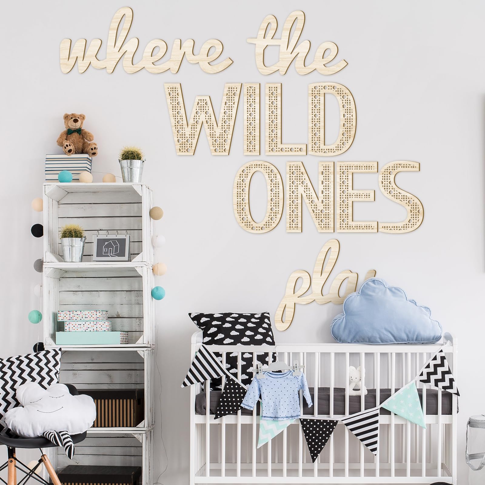 Beeveer playroom wall decor in wood color creates inviting, cohesive space