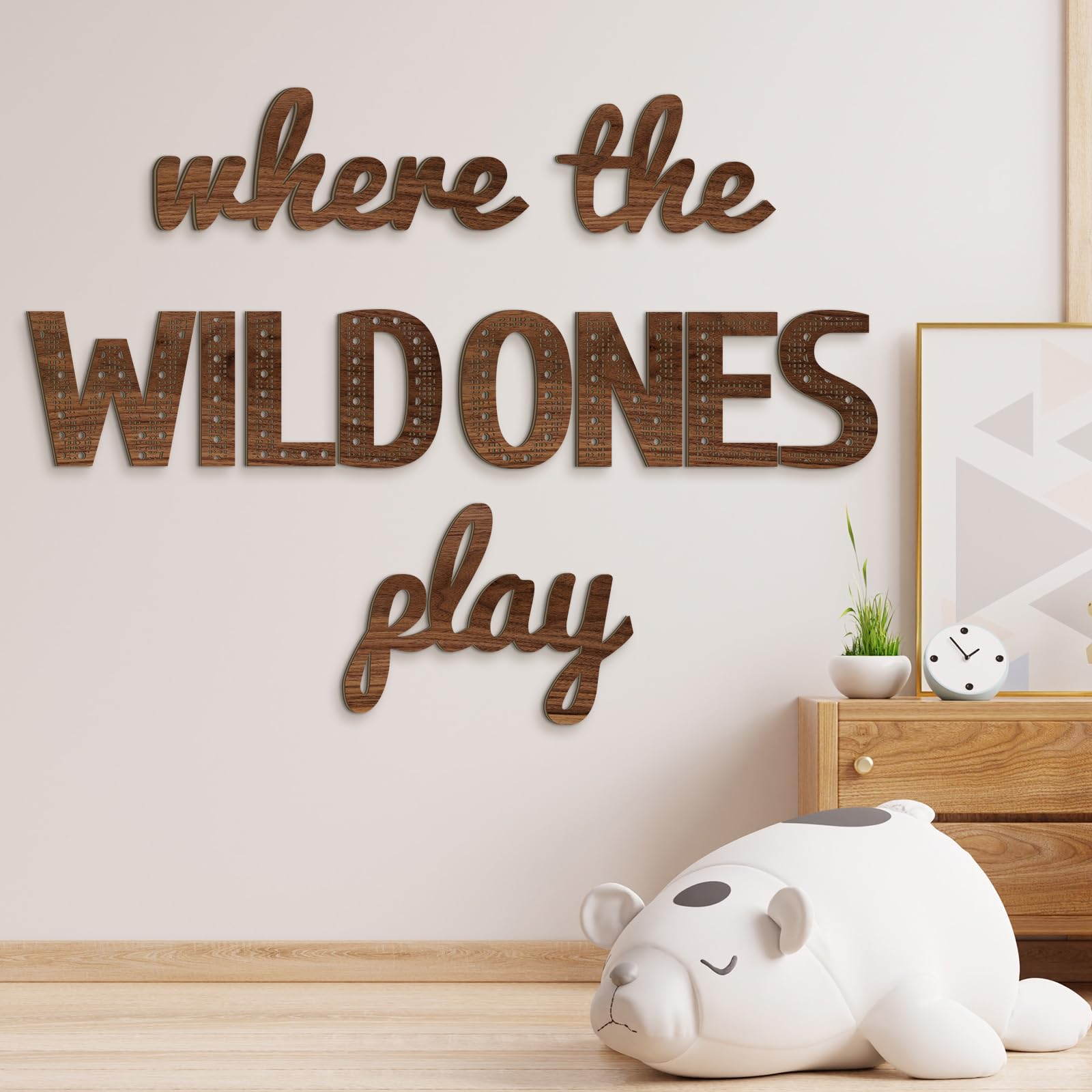 Beeveer Where the Wild Ones Play nursery sign adds a playful wooden focal point.