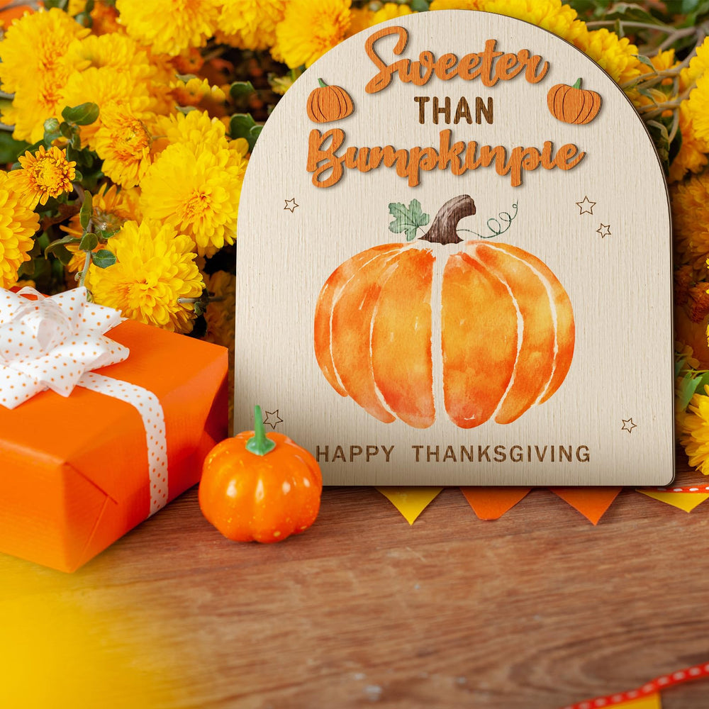 Beeveer wooden pumpkin footprint sign highlighting the handprint for first Thanksgiving memories