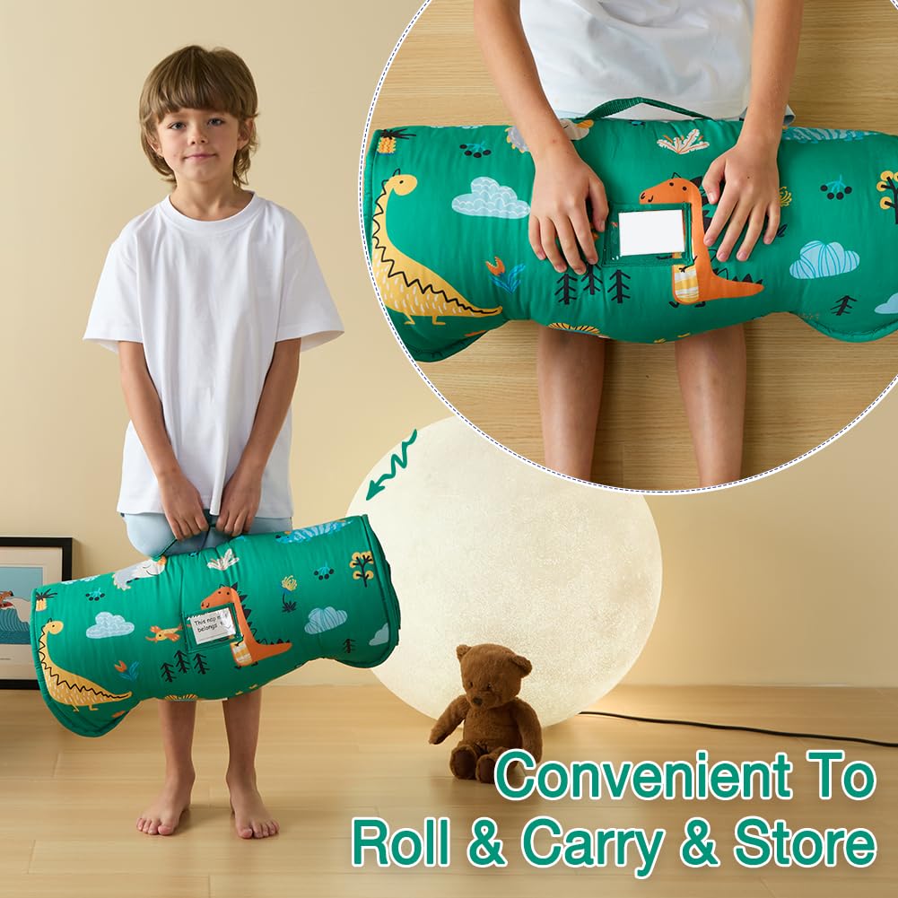 Beeweed dinosaur nap mat with minky blanket shows soft warmth during rest.