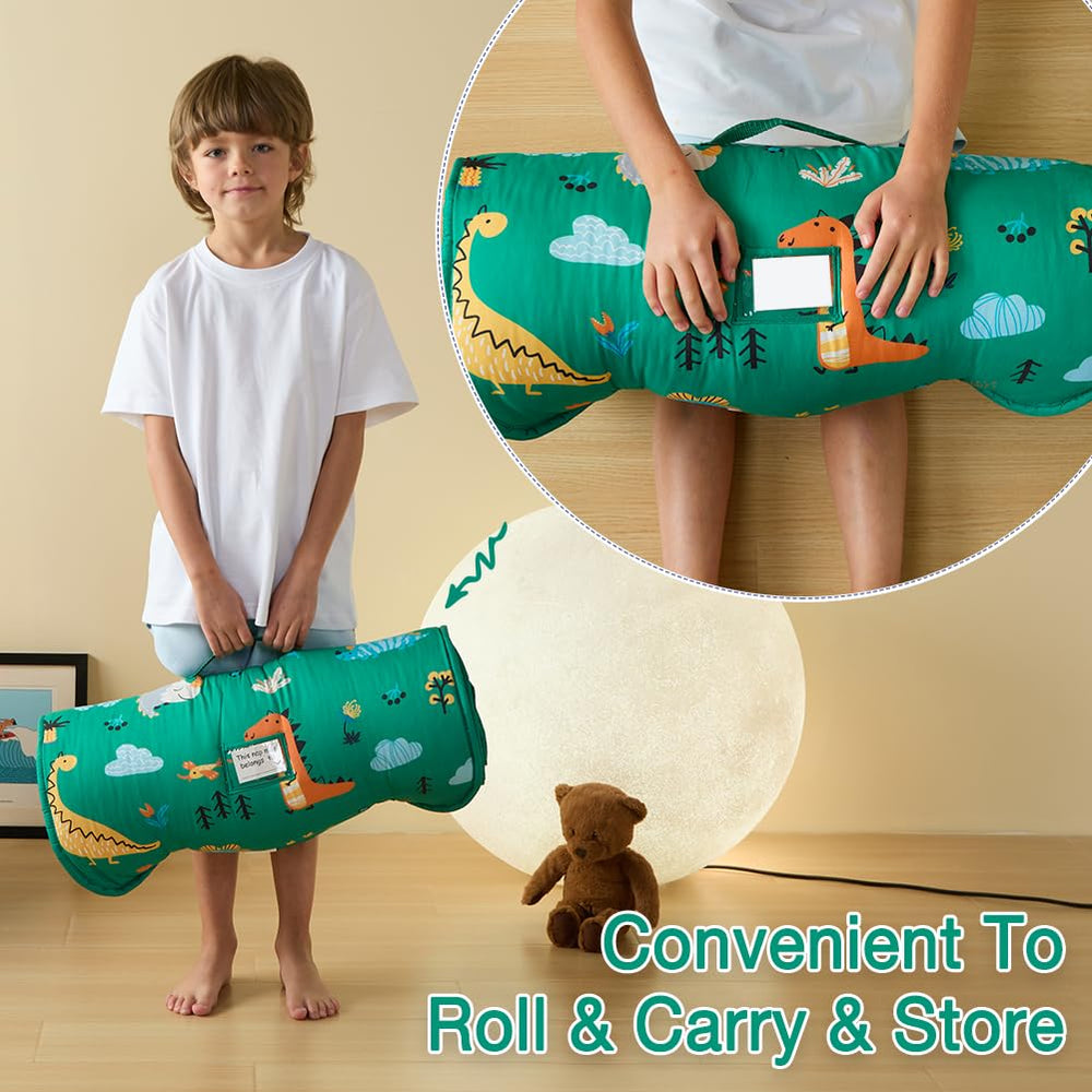 Beeweed dinosaur nap mat with minky blanket shows soft warmth during rest.