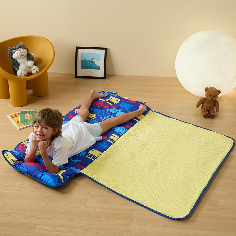 Beeweed excavator-themed nap mat adds playful touch for travel and daycare.