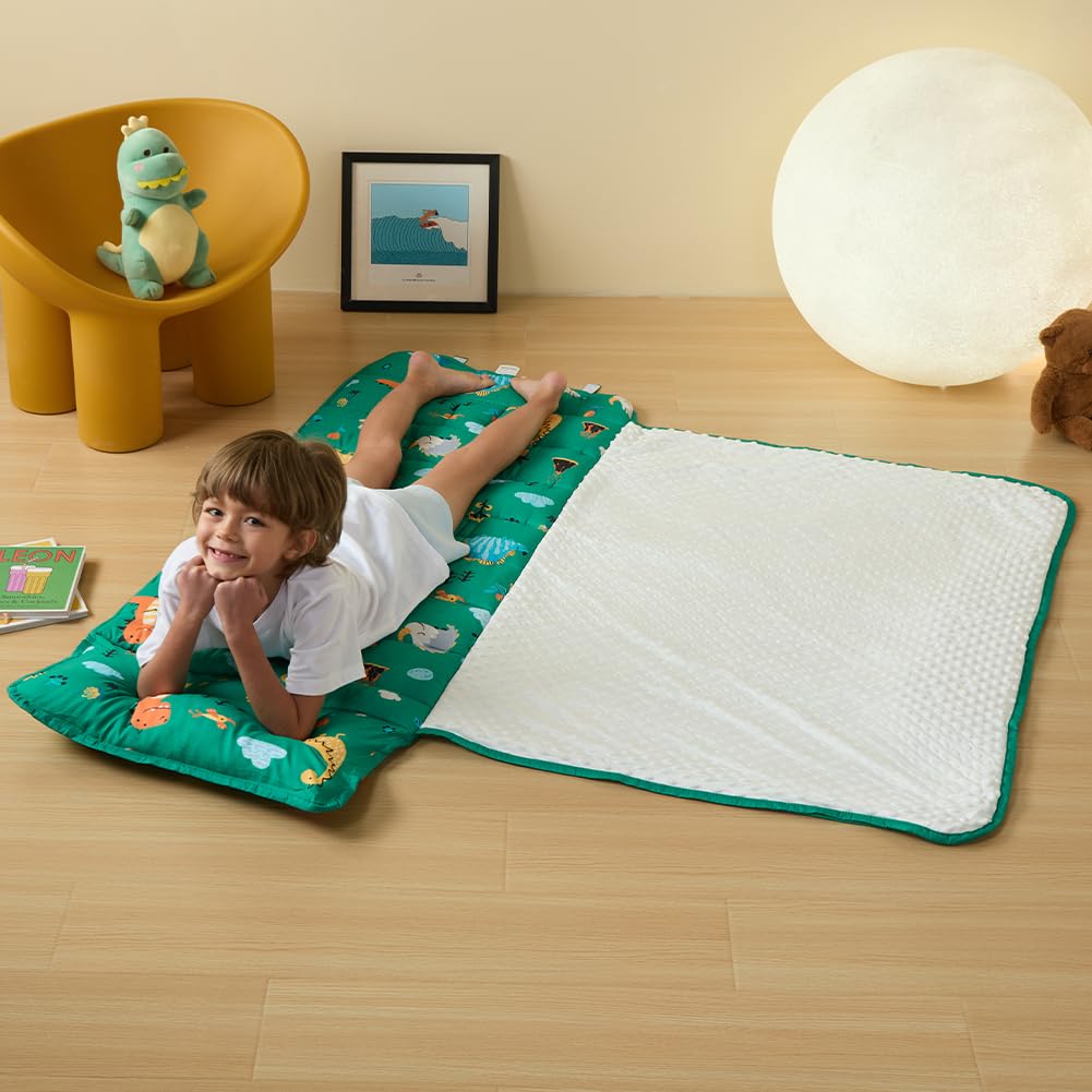 Beeweed nap mat hook-and-loop closure enables quick rollup after nap.