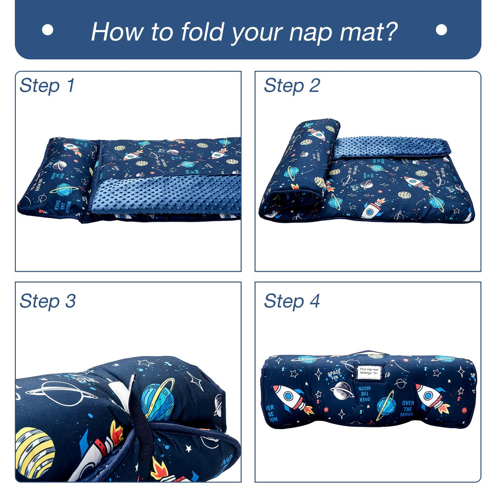 Nap mat measures 23x52 inches for ages 3–6.