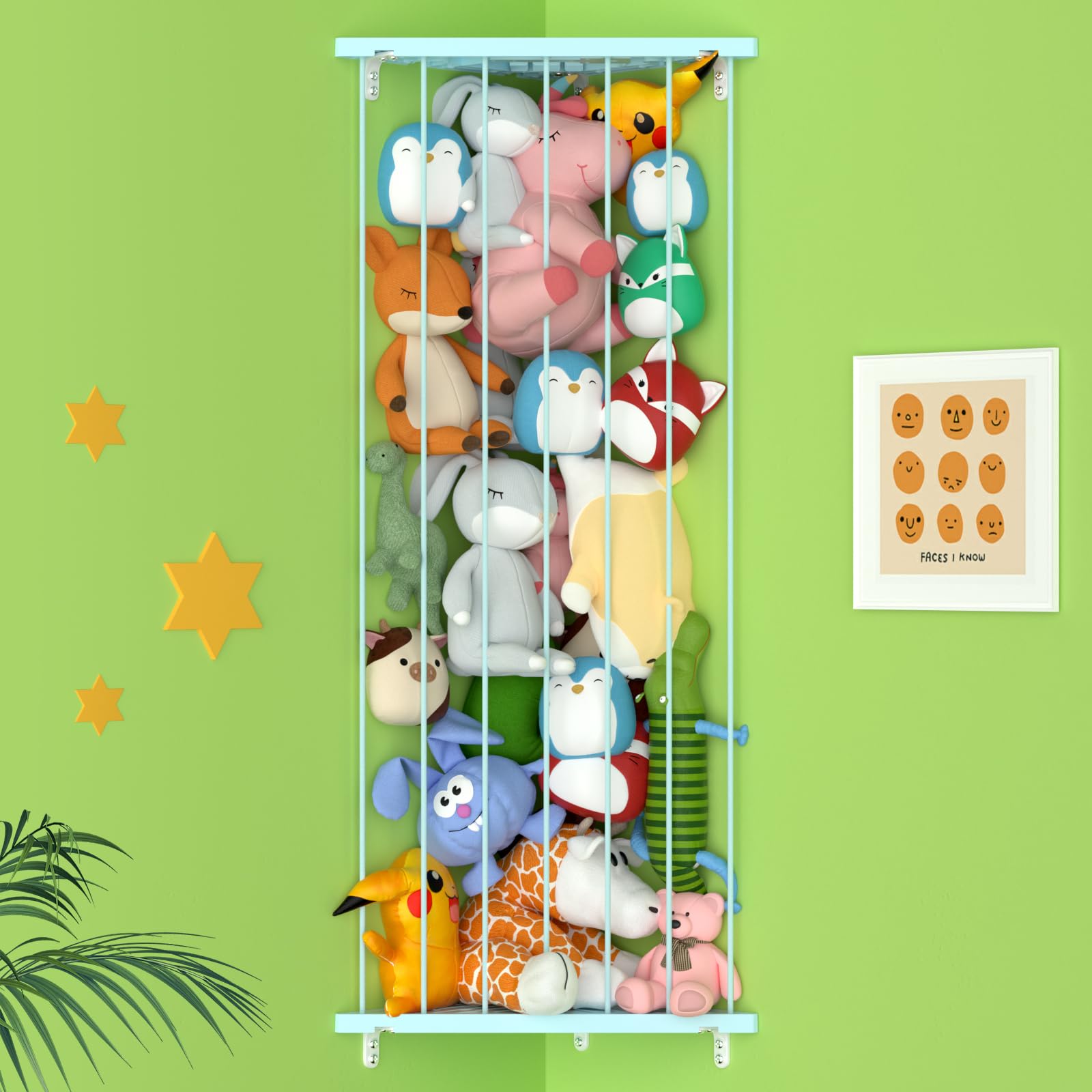 Befayoo corner stuffed animal storage shelf showing 75-inch length and large capacity for plushes.
