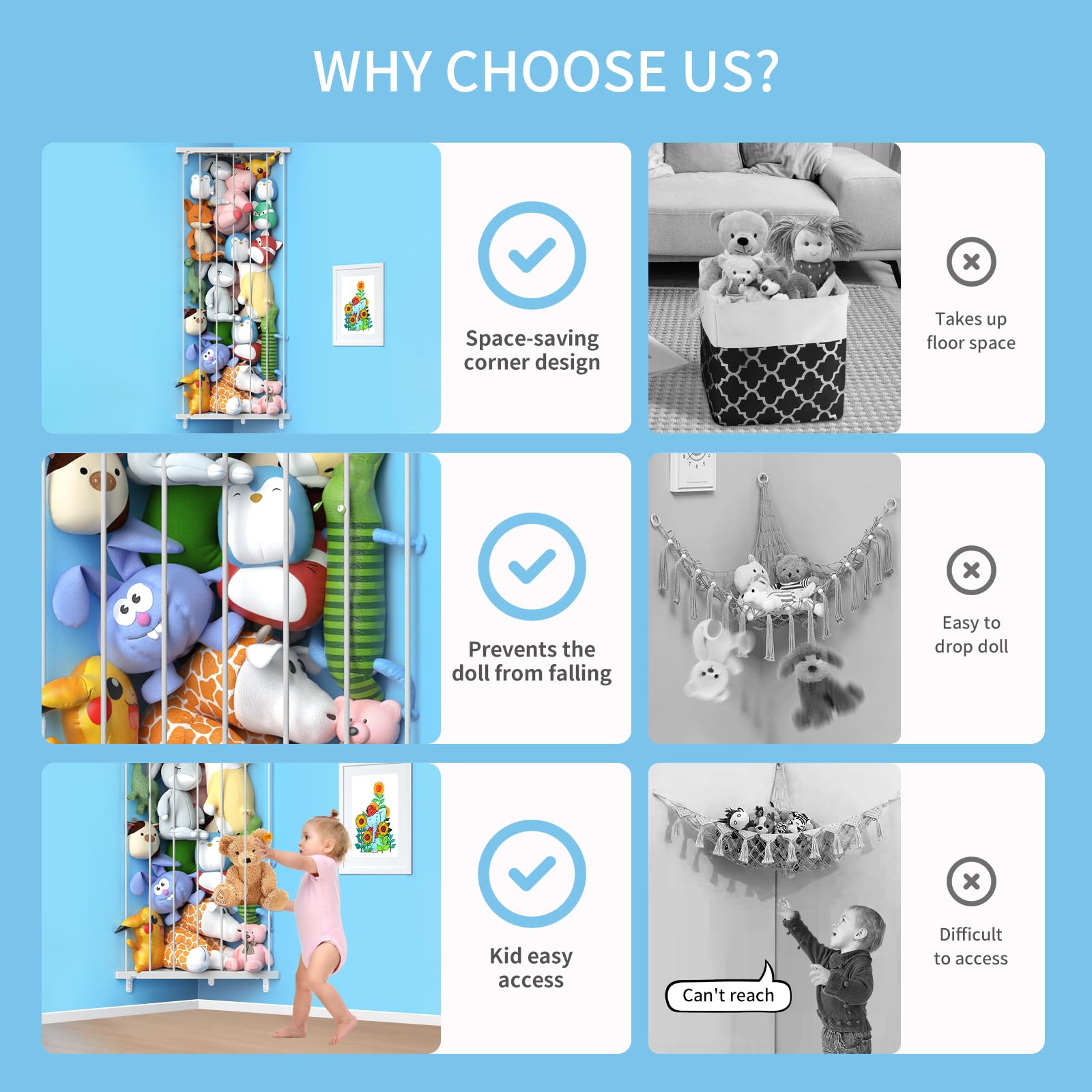 Befayoo plush storage with elastic ropes keeps plushies secure and off the floor