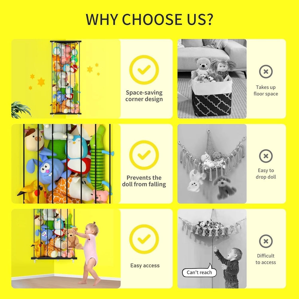 Befayoo space-saving wall hanging, keeps plushies off the floor and tidy.