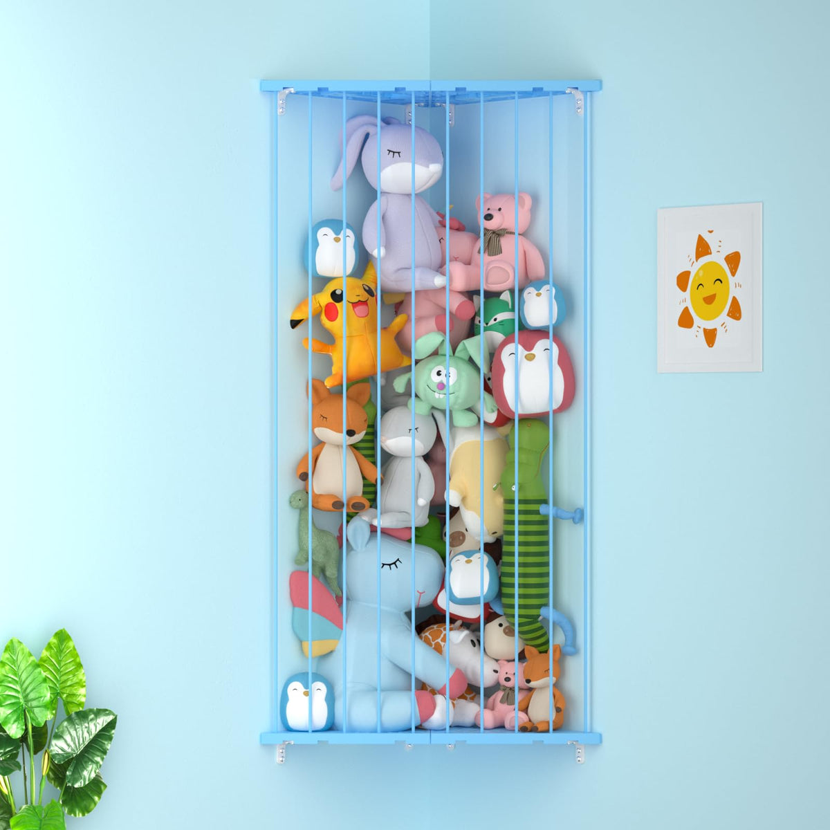 Befayoo stuffed animal storage mounted in blue corner saves floor space