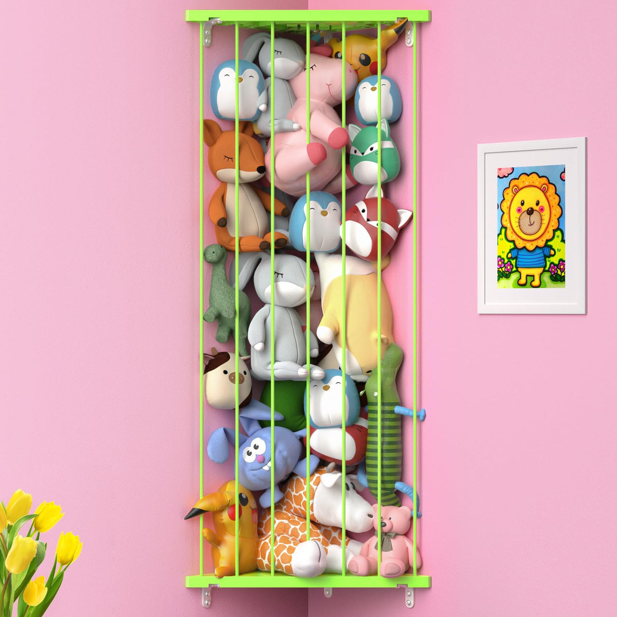 Befayoo stuffed animal storage corner organizer in green, adjustable length for versatile toy storage