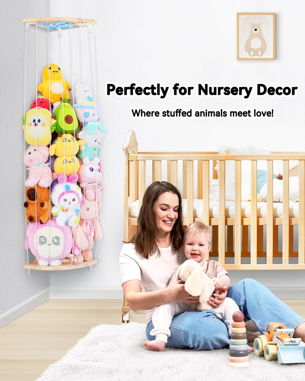 Befayoo wall-mounted stuffed animal shelf keeps toys within reach and decor-friendly.