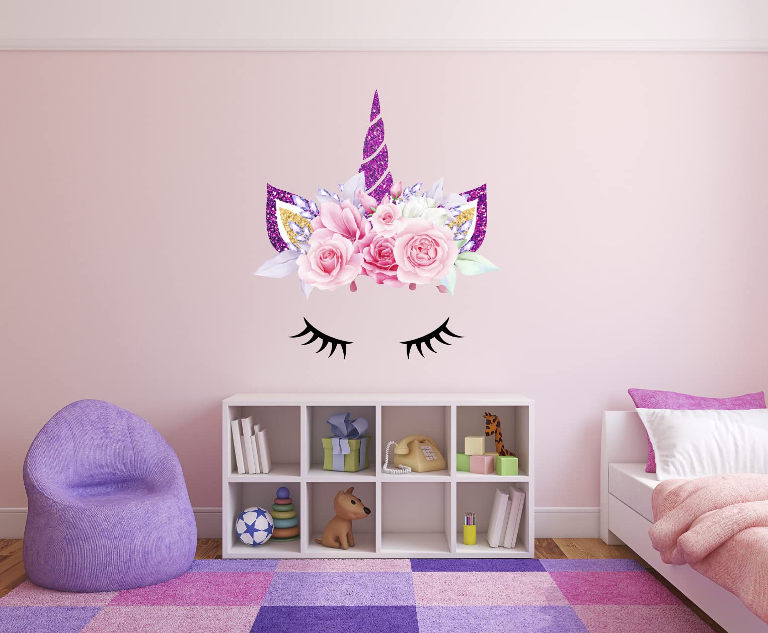 BEHARCOLORS unicorn wall decal in pink glitter for a playful bedroom splash.