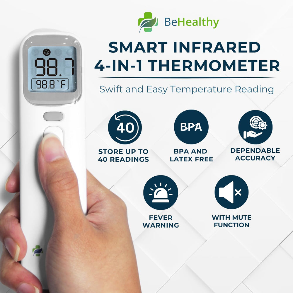 BeHealthy thermometer forehead-mode provides non-contact readings at a glance.