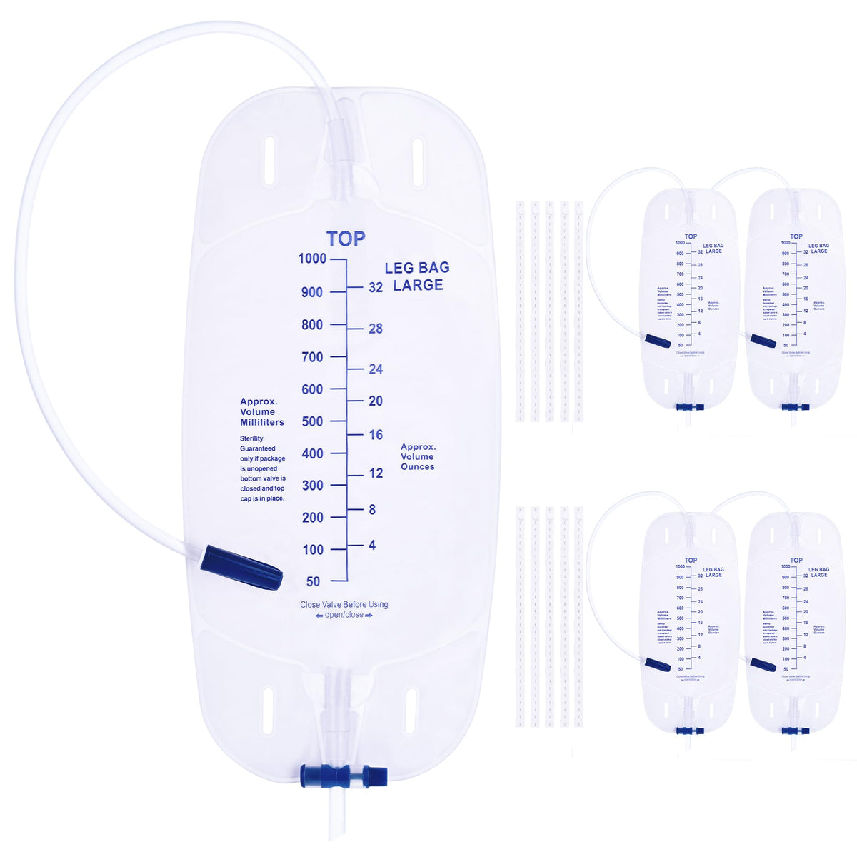 BeHerk 5-pack urinary leg bags group for convenient daily use.