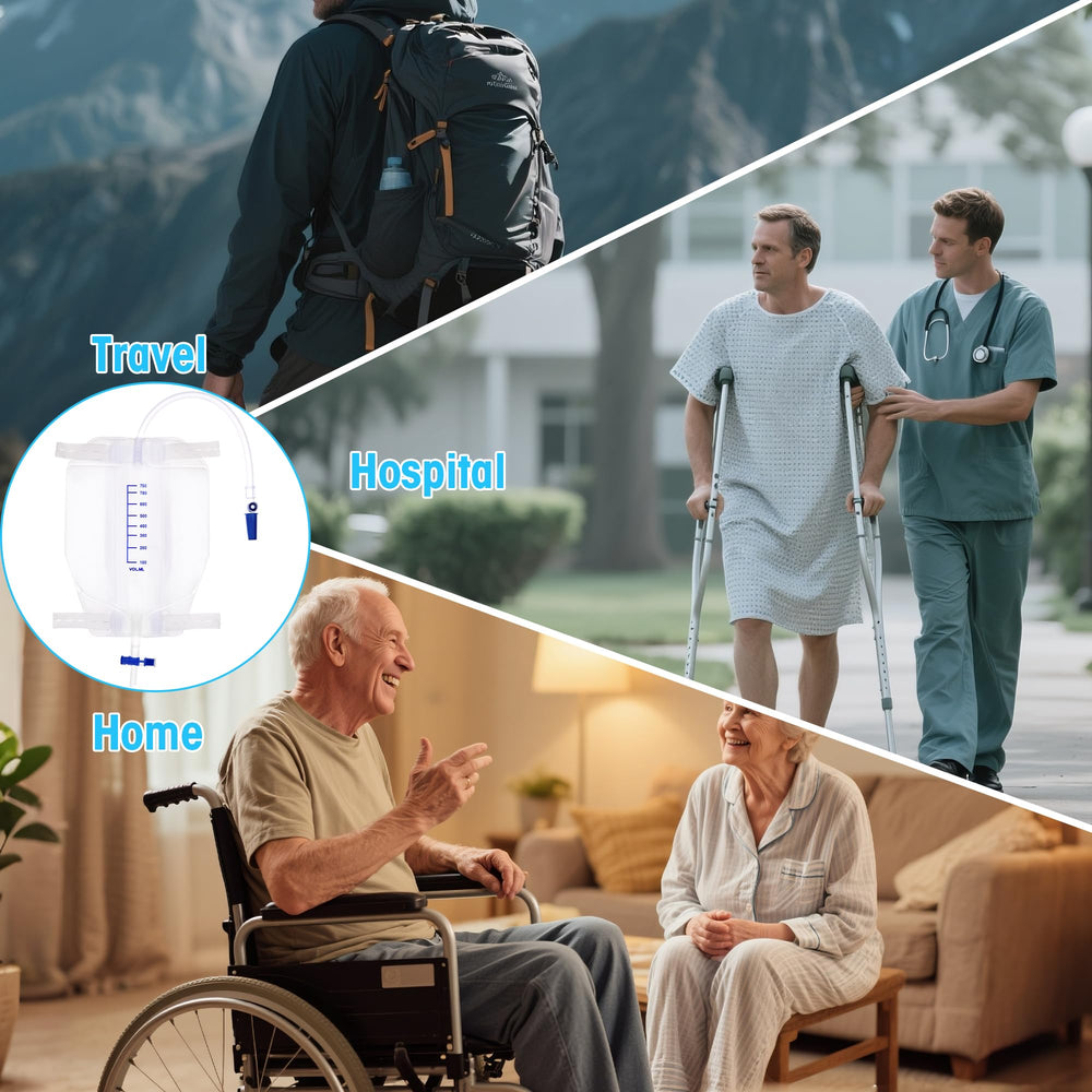 BeHerk catheter bag includes a urine volume scale for monitoring.