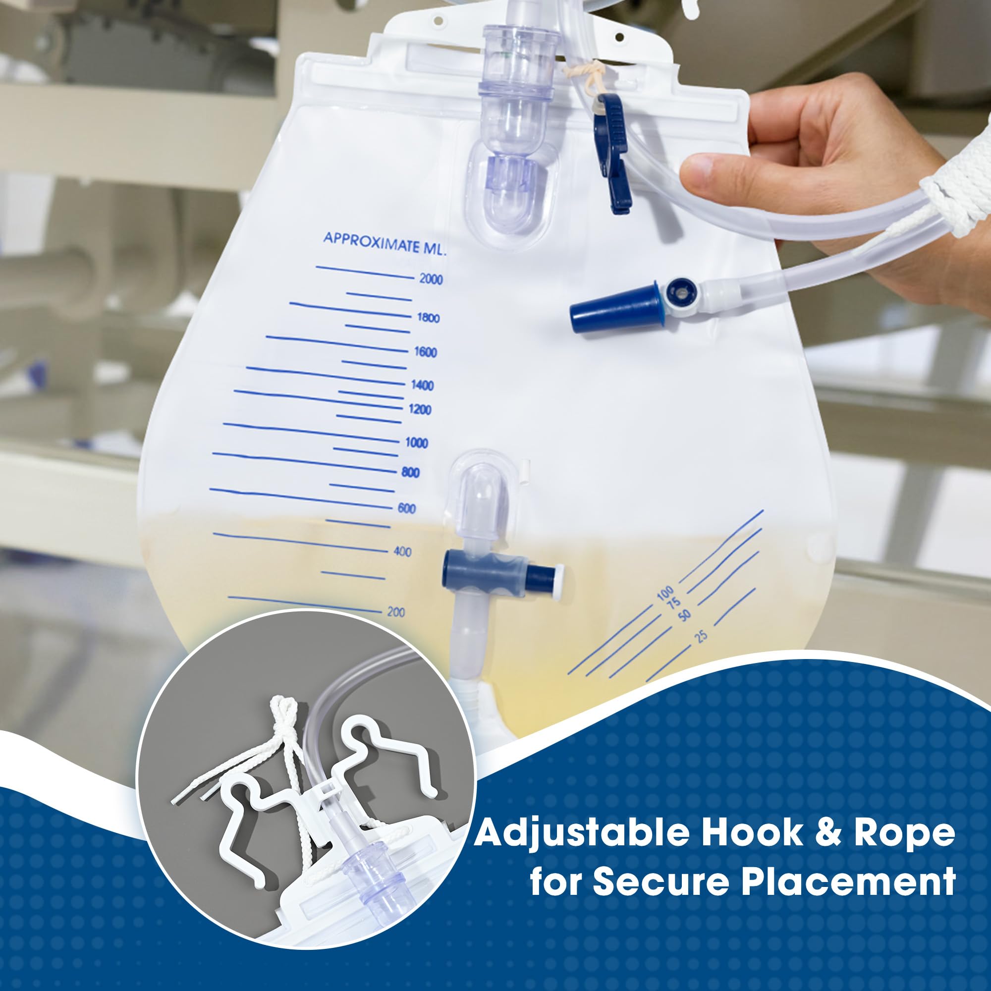 BeHerk drainage bag includes hanging hook and adjustable clips for setup.