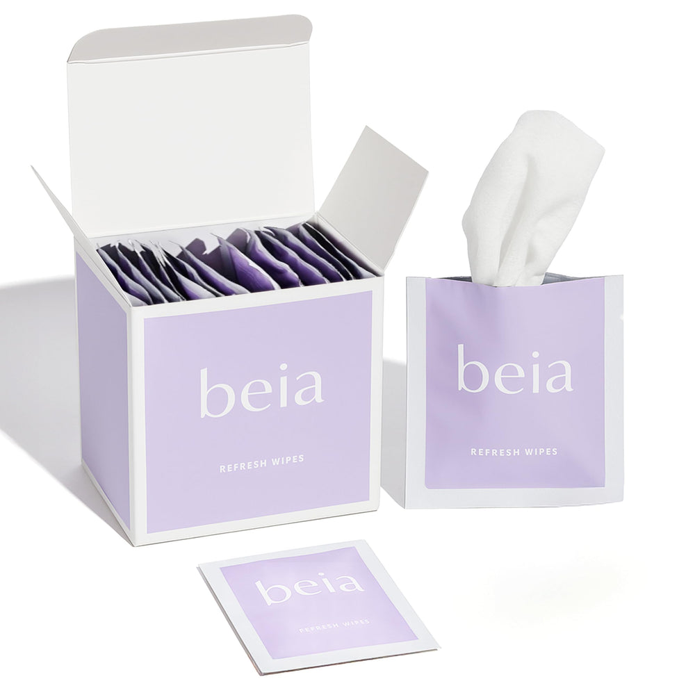 Beia feminine wipes, individually wrapped, provide convenient on-the-go freshness.