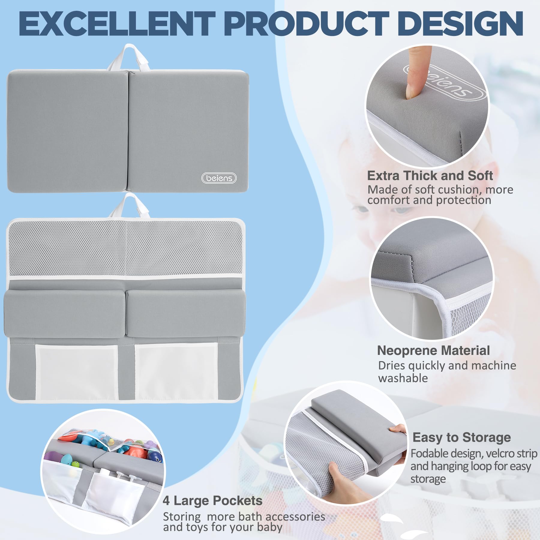 Beiens bath kneeler with non-slip suction cups securing on tub surface