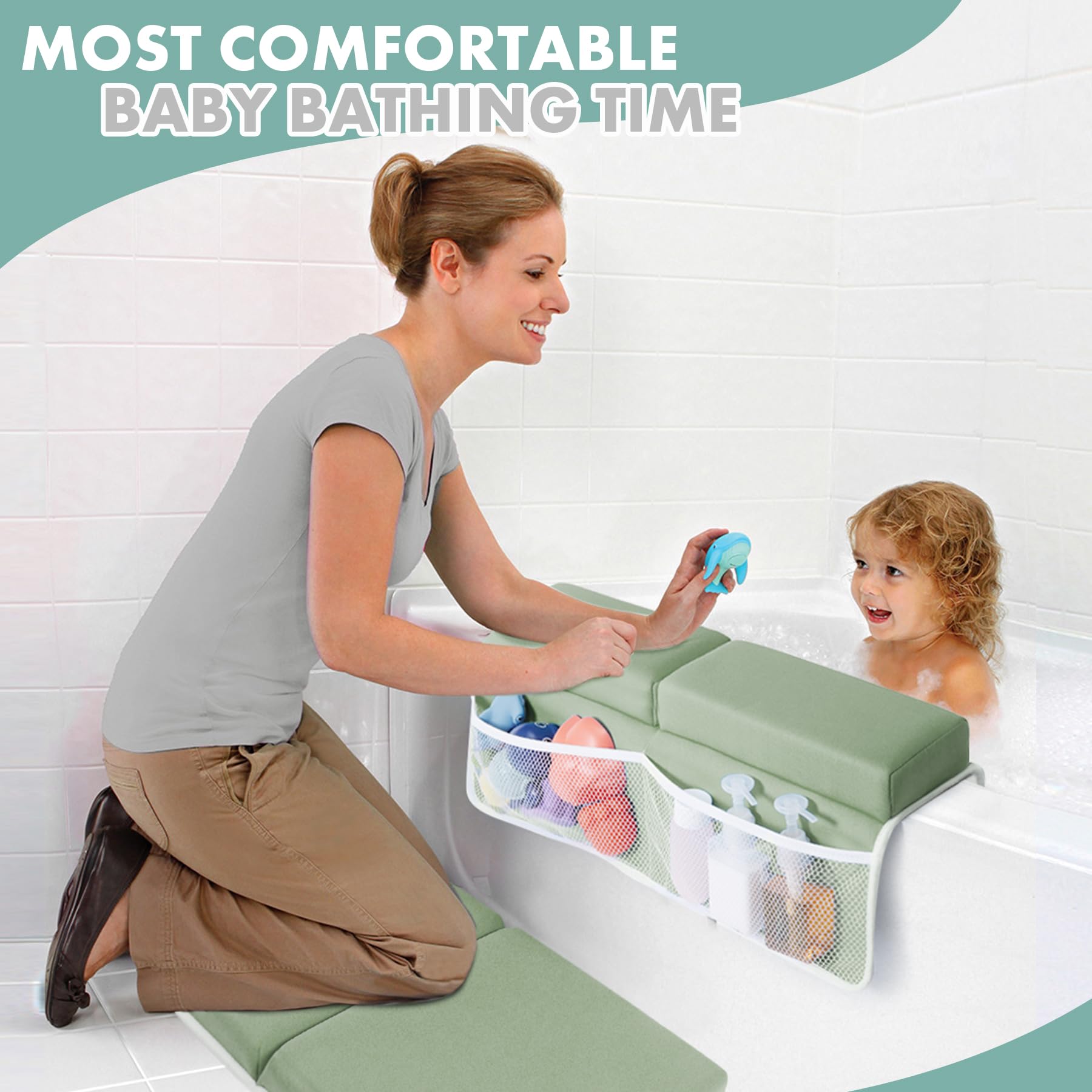 Beiens bath time setup with organized essentials within arm's reach.