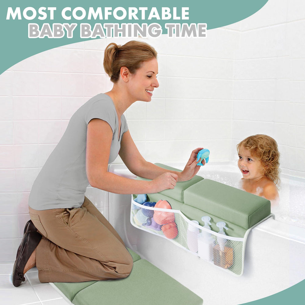 Beiens bath time setup with organized essentials within arm's reach.