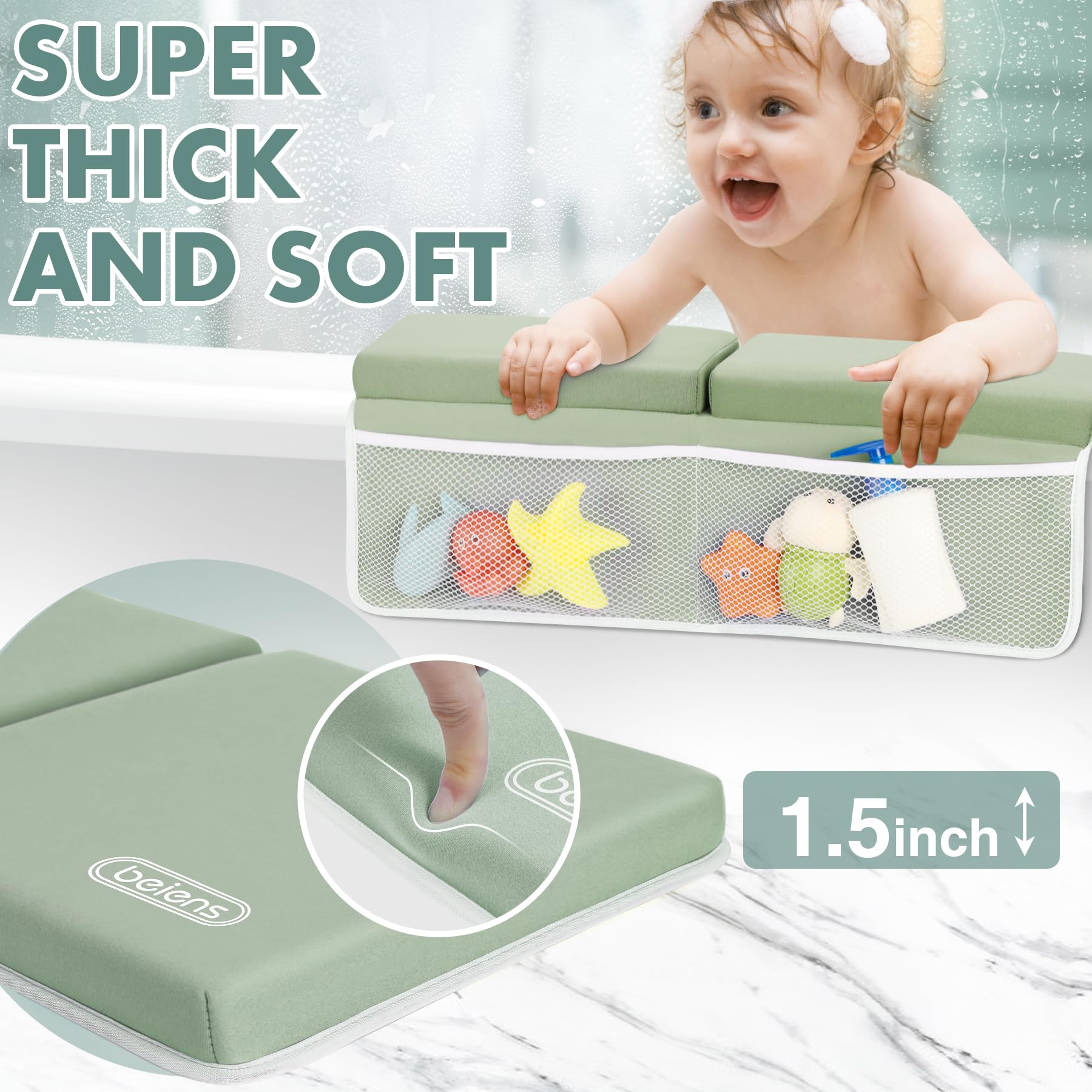 Beiens kneeler showing large toy storage pockets keep toys within reach.