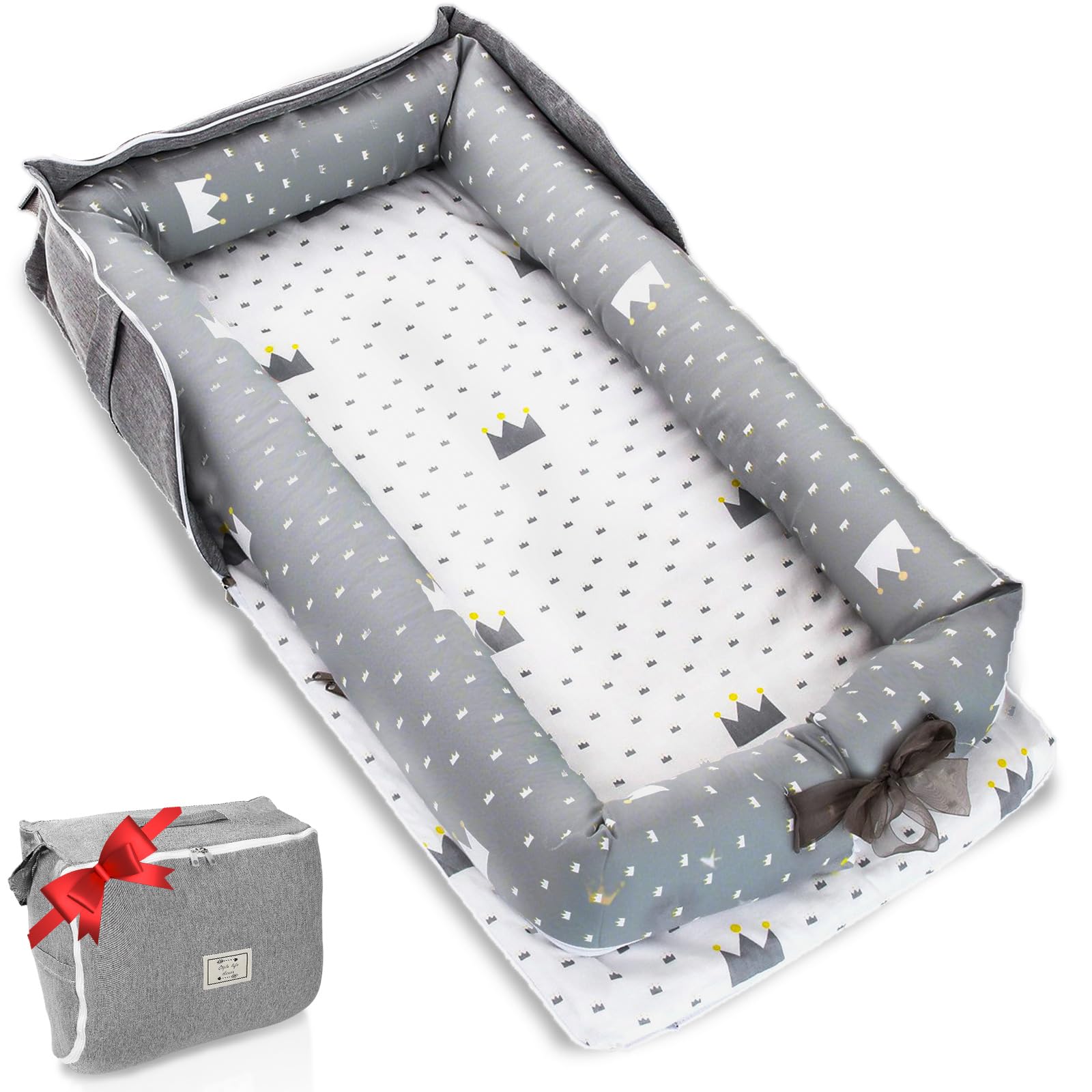 BEIARA crown print baby lounger offers cozy, secure support for growing infants.