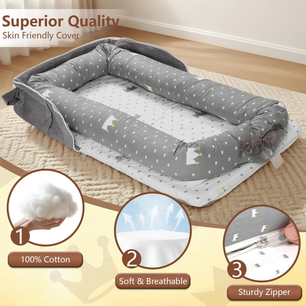 BEIARA dinosaur print baby lounger engages babies while resting comfortably.