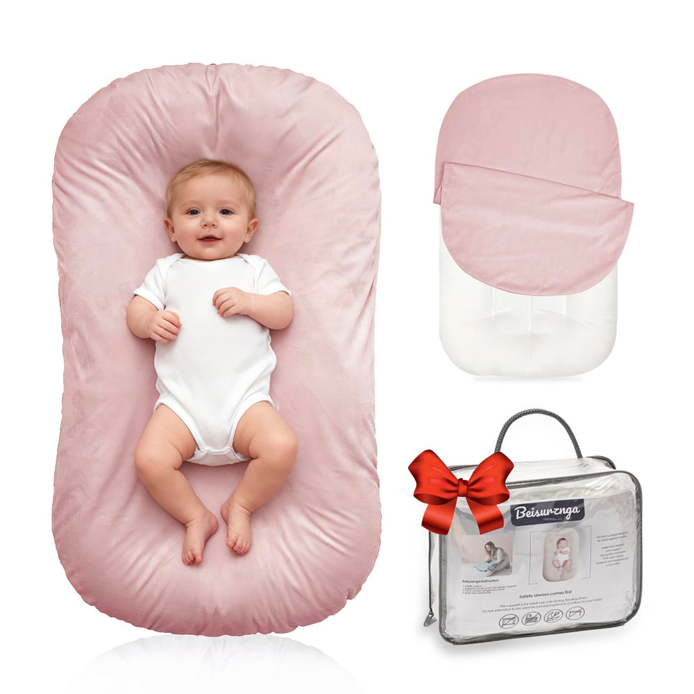 Beisurznga baby lounger shows 32x19 inch size for spacious awake playtime