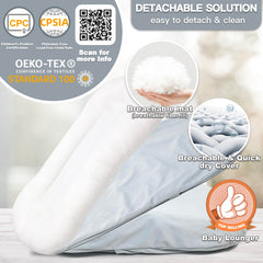 Beisurznga Lounger front view highlights roomy 32x19 inch interior for newborn comfort.