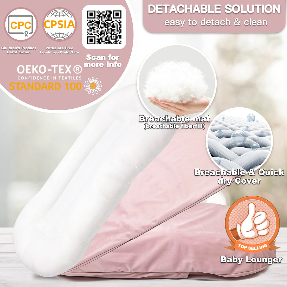 Beisurznga lounger with flannel cover for extra-soft touch on baby skin