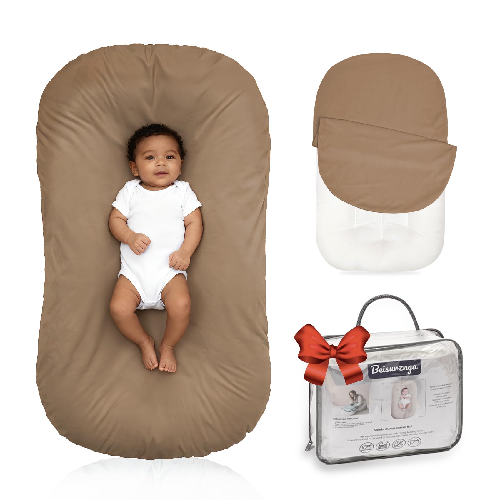 Beisurznga baby lounger full view in brown, cozy awake-time comfort.