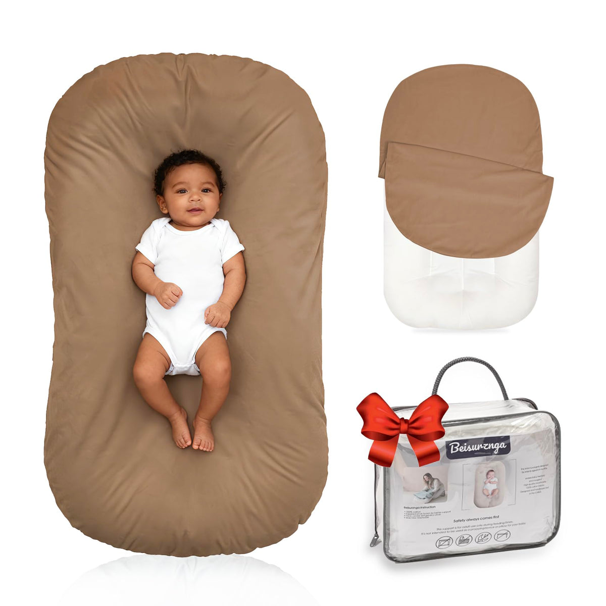 Beisurznga baby lounger full view in brown, cozy awake-time comfort.