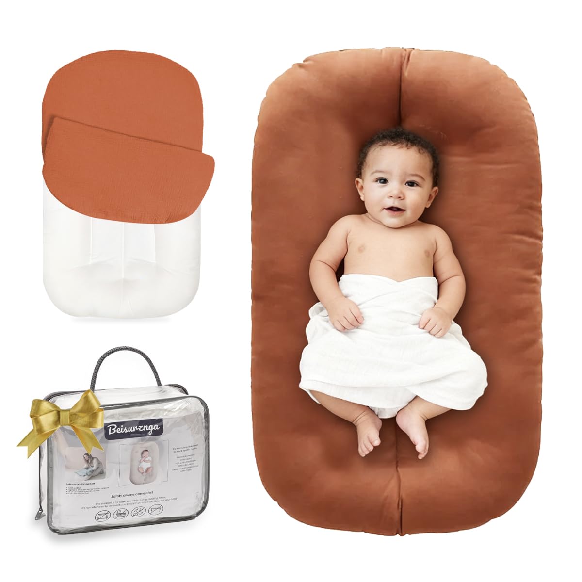 Beisurznga baby lounger with orange cover offers a cozy newborn play and bonding space.