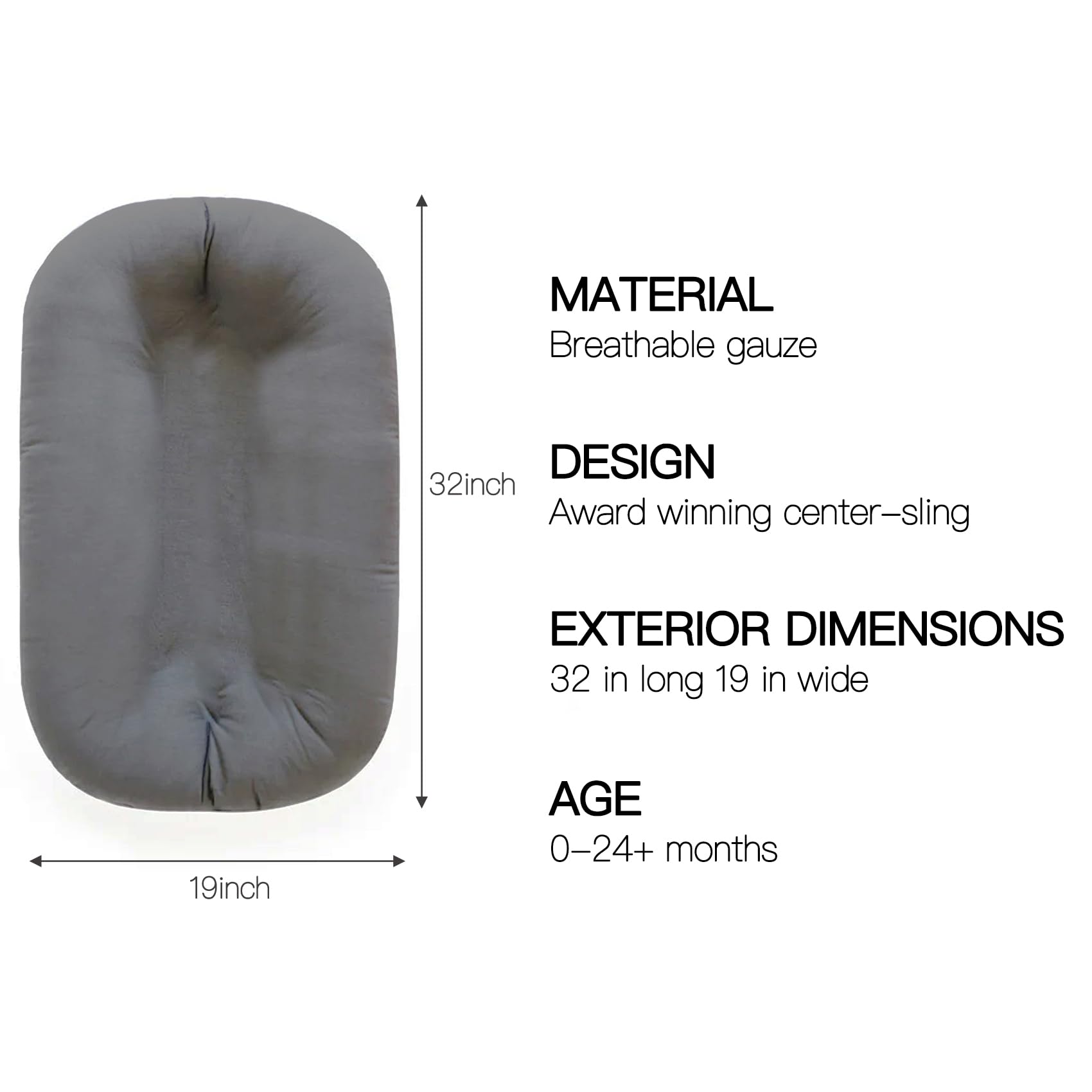 Beisurznga side view of the baby lounger showing cradle-like shape.