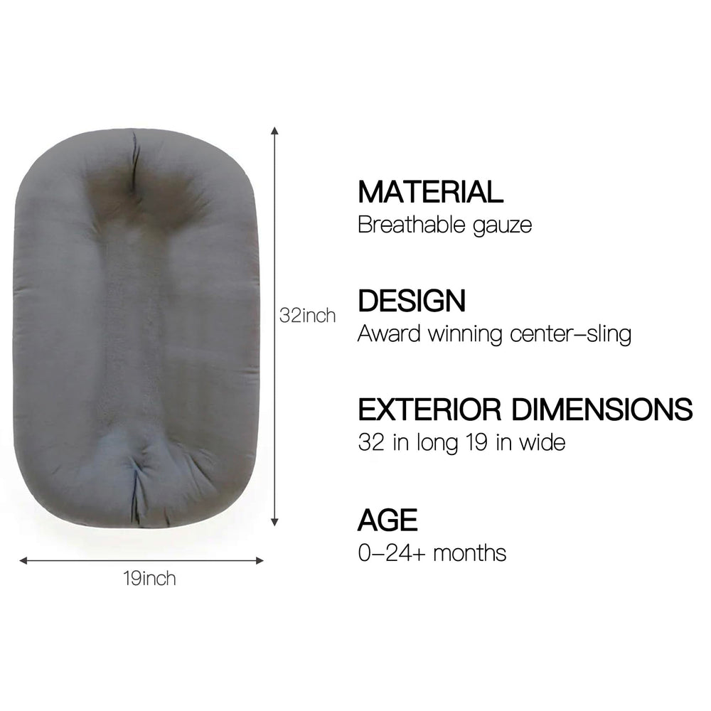 Beisurznga side view of the baby lounger showing cradle-like shape.