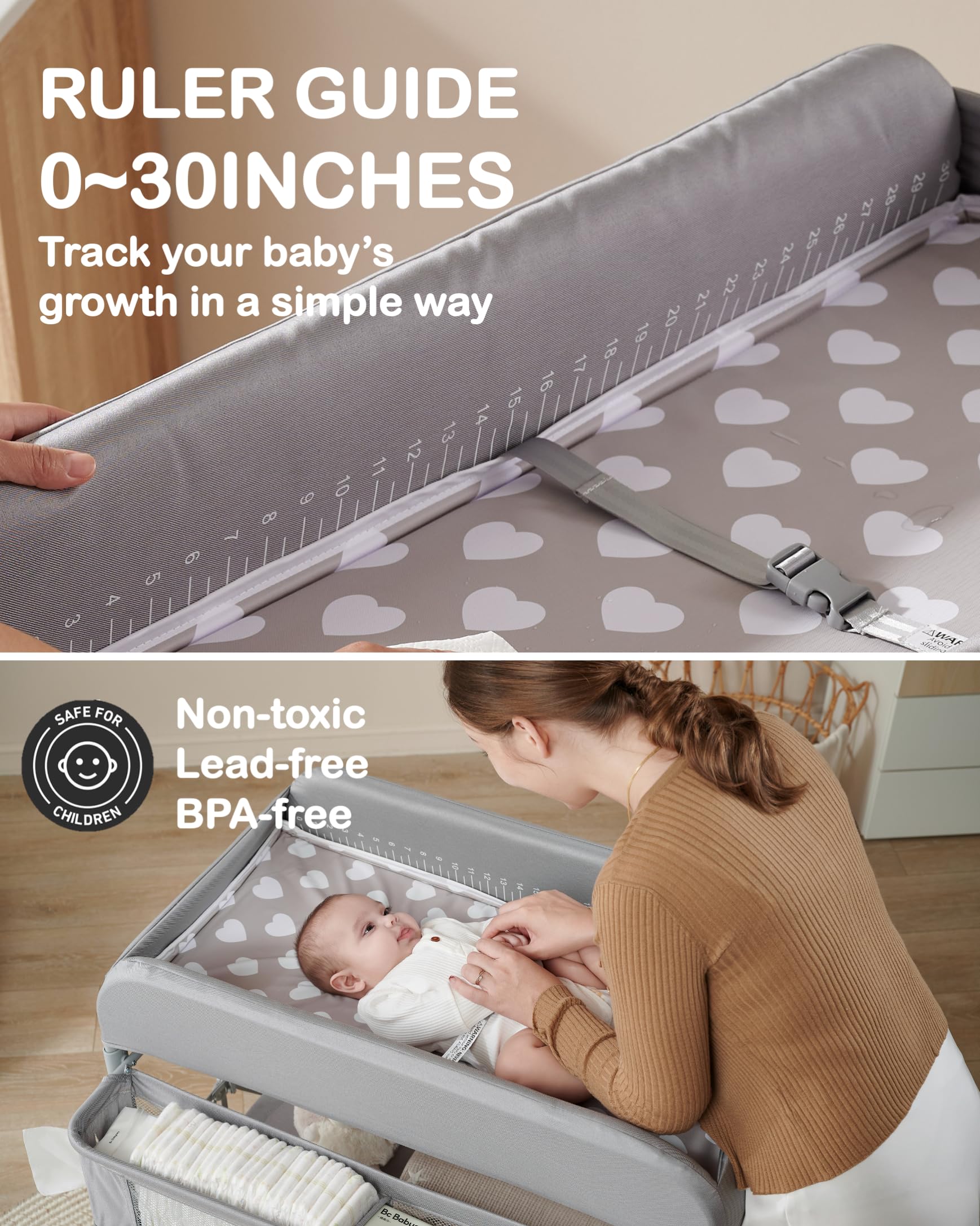 BEKA two-wheeled stability design with brakes ensures safe diaper changes.