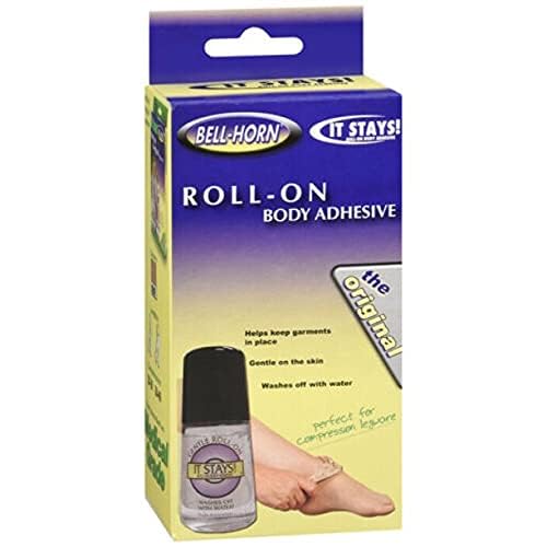 Bell-Horn It Stays roll-on application on fabric, securing garments.