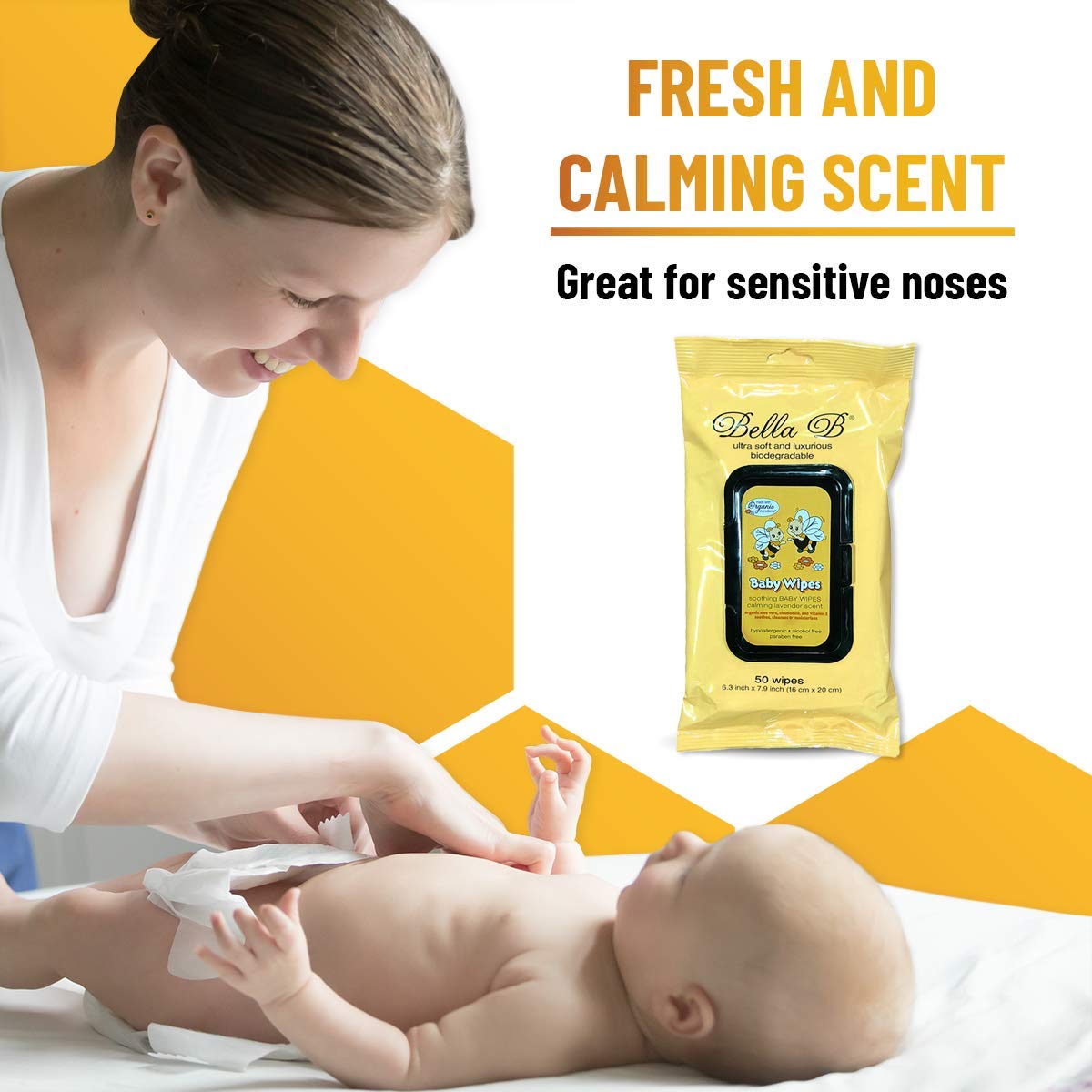 Bella B lavender-scented wipes in hand offer a calming aroma and gentle cleaning for delicate skin.