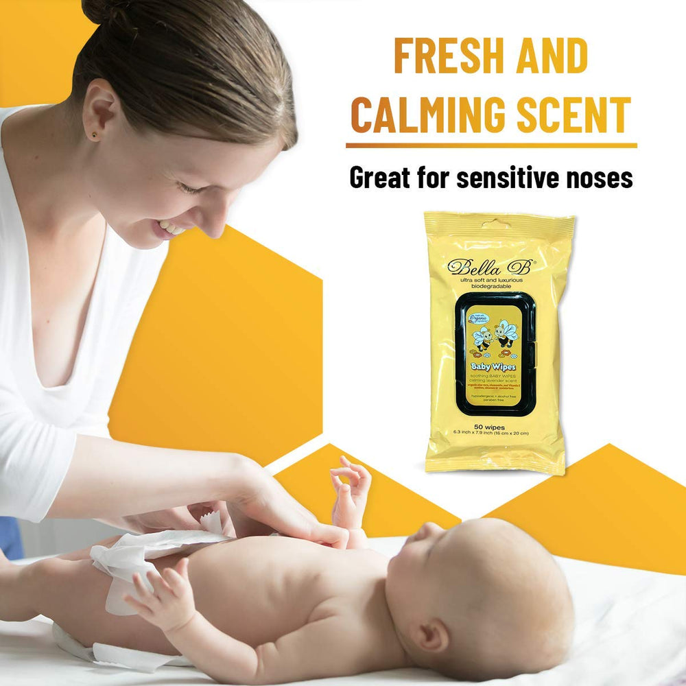 Bella B lavender-scented wipes in hand offer a calming aroma and gentle cleaning for delicate skin.